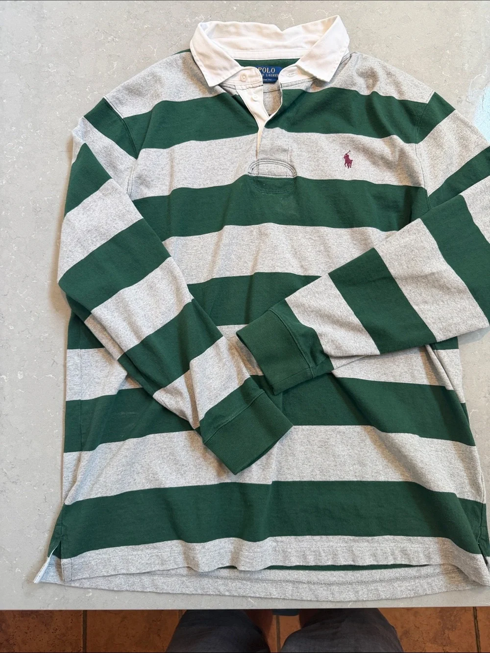 Ralph Lauren Green and Light Gray Striped Long-Sleeve Rugby Polo